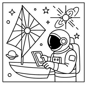 Página para colorear de un astronauta realizando investigaciones en un velero de pulsares en el espacio