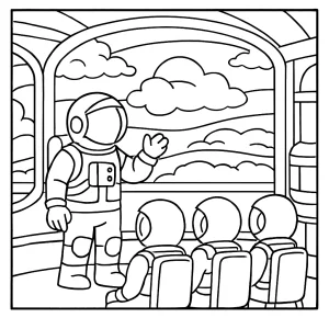 Página para colorear de reclutas astronautas entrenando en la base de nubes de Júpiter