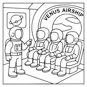 Página para colorear de reclutas astronautas entrenando en una nave aérea sobre Venus