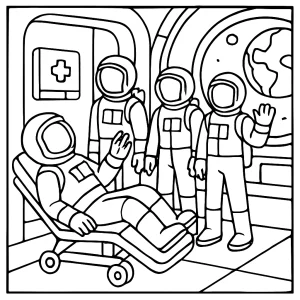 Página para colorear de astronautas reclutas entrenando en hospital orbital, ideal para imprimir y colorear