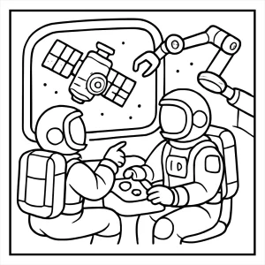 página para colorear de reclutas astronautas entrenando en reparación de satélite con dron