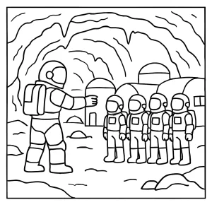 Página para colorear de astronautas entrenando en una colonia subterránea de tubos de lava
