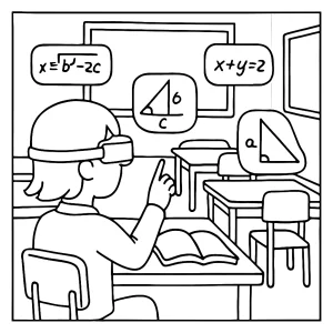 Página para colorear de un aula de realidad aumentada con fórmulas matemáticas flotando sobre los pupitres.