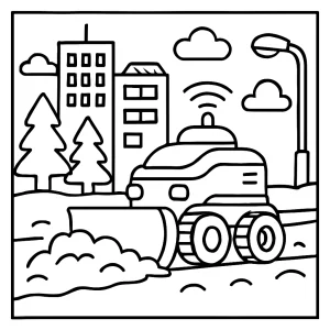 Robot chasse-neige dans une ville intelligente en hiver – page de coloriage gratuite à imprimer pour enfants