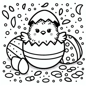 page de coloriage d’un poussin mignon sortant d’un œuf décoré avec des confettis, spécial Pâques et printemps