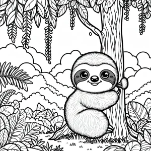 Página para colorear de un perezoso bebé abrazando un árbol con lianas y naturaleza tropical