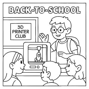 Página para colorear de una demostración de club de impresión 3D en la escuela con niños observando.