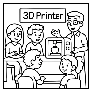 Página para colorear de club escolar con niños viendo una demostración de impresora 3D, ideal para imprimir y colorear gratis.