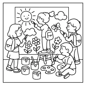 Página para colorear de niños colaborando en un mural artístico escolar