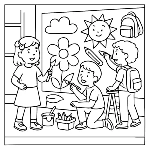 Página para colorear de niños colaborando en un mural artístico durante el regreso a clases