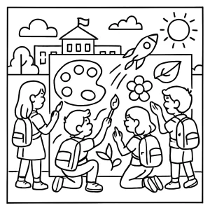 Página para colorear de niños colaborando en un mural artístico en la escuela