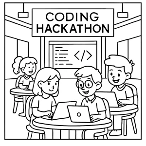 Página para colorear de hackathon escolar con estudiantes programando, computadoras y ambiente tecnológico para imprimir gratis