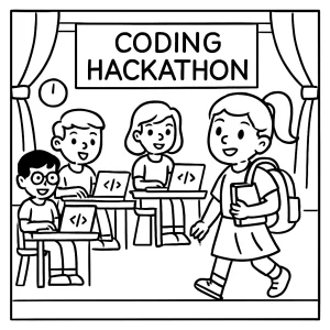 Página para colorear de hackathon escolar con niños programando en un aula llena de computadoras