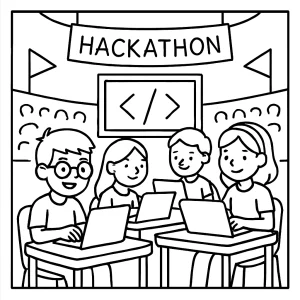 Página para colorear de hackathon escolar con niños programando en laptops en una arena de regreso a clases