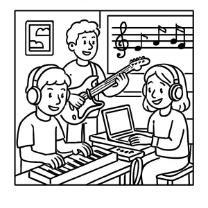 Página para colorear de escena escolar con niños creando música digital en un laboratorio moderno