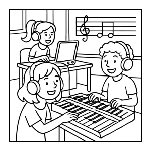 Página para colorear de un laboratorio musical digital escolar con niños creando música en computadoras e instrumentos electrónicos