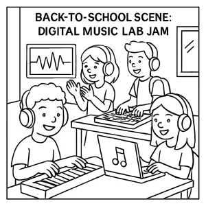 Página para colorear de laboratorio musical digital escolar con estudiantes tocando instrumentos y usando tecnología