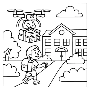 página para colorear de regreso a clases con dron entregando libros a niños en la escuela