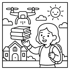Página para colorear de escena escolar con dron entregando libros de texto a niños en el regreso a clases