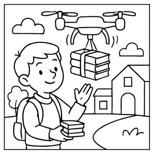 Página para colorear de escena escolar con dron entregando libros de texto a niños en la escuela