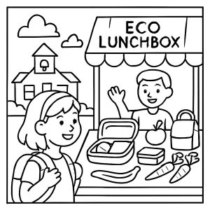 Página para colorear de mercado ecológico de regreso a clases con niños y almuerzos sostenibles