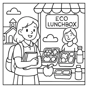 Página para colorear de regreso a clases mostrando niños en un mercado escolar con loncheras ecológicas y alimentos saludables.