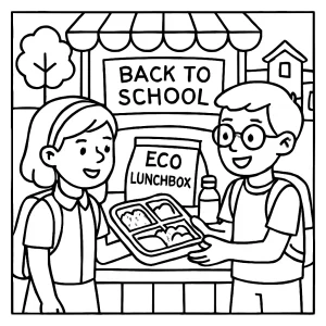 Página para colorear de mercado escolar con niños y loncheras ecológicas