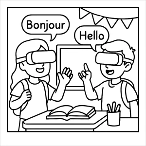 Página para colorear de niños en aula con gafas de realidad virtual, participando en un intercambio de idiomas.