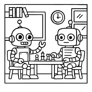 Página para colorear de un torneo de ajedrez robótico en la escuela, ideal para imprimir gratis y colorear.