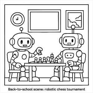 página para colorear de un torneo de ajedrez robótico escolar con niños y robots en regreso a clases