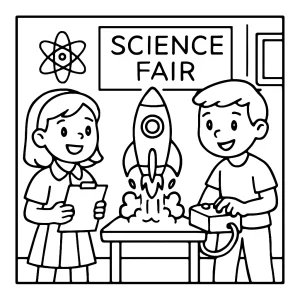 Niños y maestros en feria de ciencias probando un cohete, página para colorear gratis para imprimir