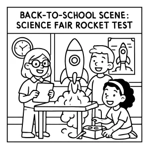 Niños en feria de ciencias probando un cohete, página para colorear para imprimir