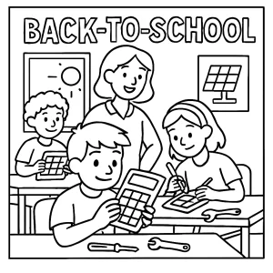 Página para colorear de taller escolar con niños armando calculadoras solares en el regreso a clases