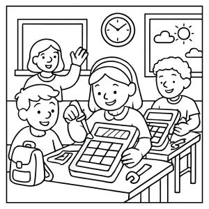 Página para colorear de niños en un taller escolar armando calculadoras solares