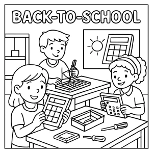 Página para colorear de taller escolar de regreso a clases con niños usando calculadoras solares