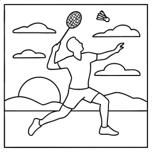 Página para colorear de la silueta de un atleta de bádminton saltando al atardecer