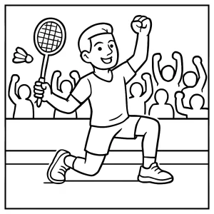 Página para colorear de atleta de bádminton con multitud animando, lista para imprimir y colorear
