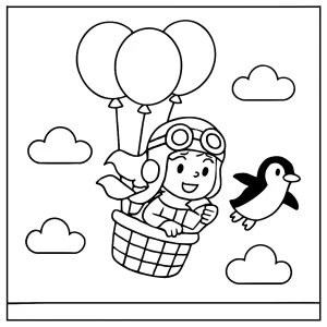 Página para colorear de niña piloto de globos volando con pingüino, dibujo imprimible gratis