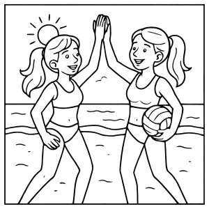 Página para colorear de dos hermanas jugando voleibol en la playa y celebrando con un choque de manos