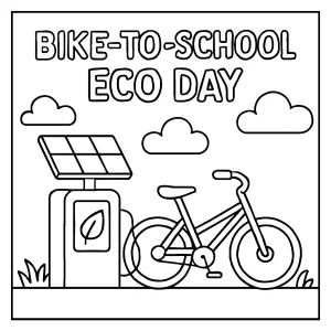 Página para colorear de niños en bicicleta hacia la escuela con estación de carga solar