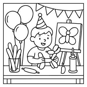 Página para colorear de fiesta de cumpleaños con estudio de globos y niños decorando