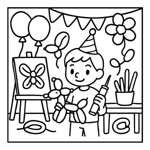 Página para colorear de estudio de globos de cumpleaños con niños creando arte con globos y decoraciones festivas