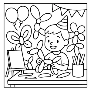 Página para colorear de taller de globos en fiesta de cumpleaños para imprimir y colorear