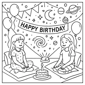 Página para colorear de fiesta de cumpleaños con proyección de galaxia y niños en pijamada