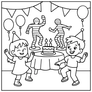Página para colorear de fiesta de cumpleaños con concurso de baile holográfico y niños bailando
