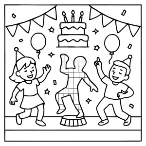 Página para colorear de fiesta de cumpleaños con concurso de baile holográfico para imprimir y colorear gratis
