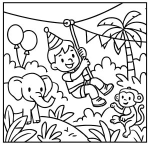 página para colorear de aventura de cumpleaños en la jungla con tirolesa y animales para imprimir