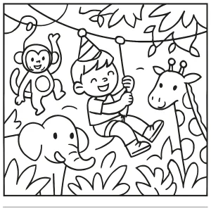 Página para colorear de fiesta de cumpleaños en la jungla con niños en tirolesa y animales exóticos
