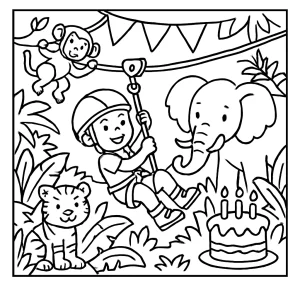 Página para colorear de niños en fiesta de cumpleaños cruzando una tirolesa en la jungla