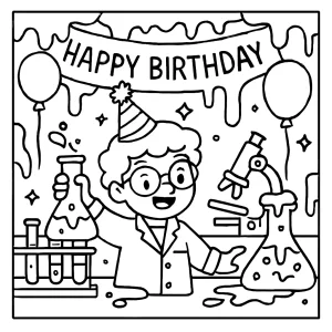 Página para colorear de laboratorio de slime neón con decoración de cumpleaños para imprimir gratis
